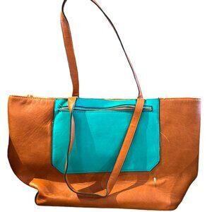Miztique faux leather brown with‎ turquoise pocket large tote bag